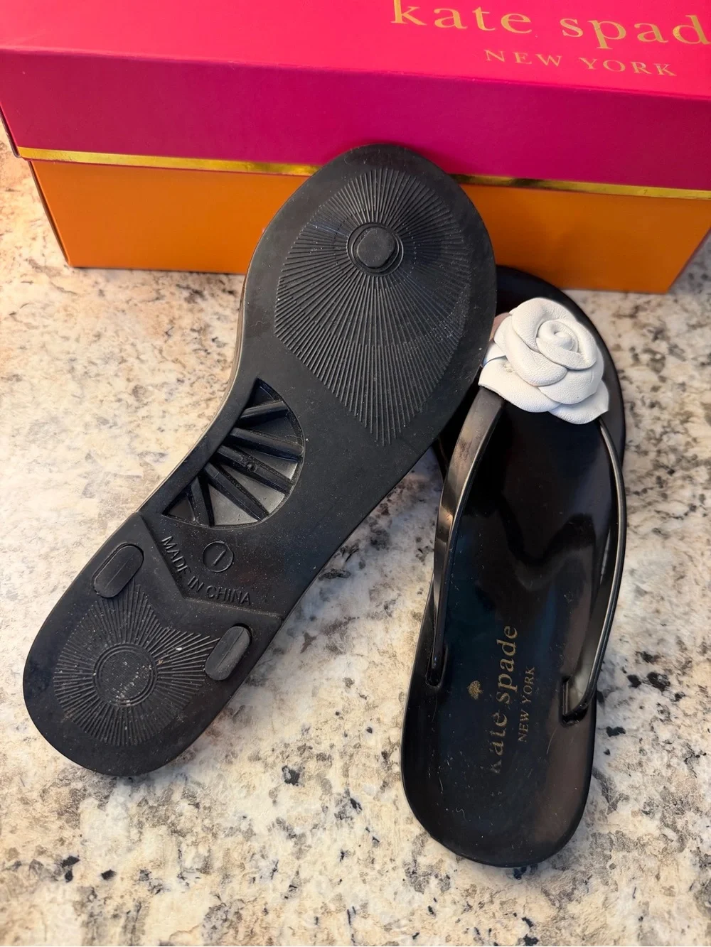 kate spade Black Jelly Sandals with White Floral Accent flower rose cute